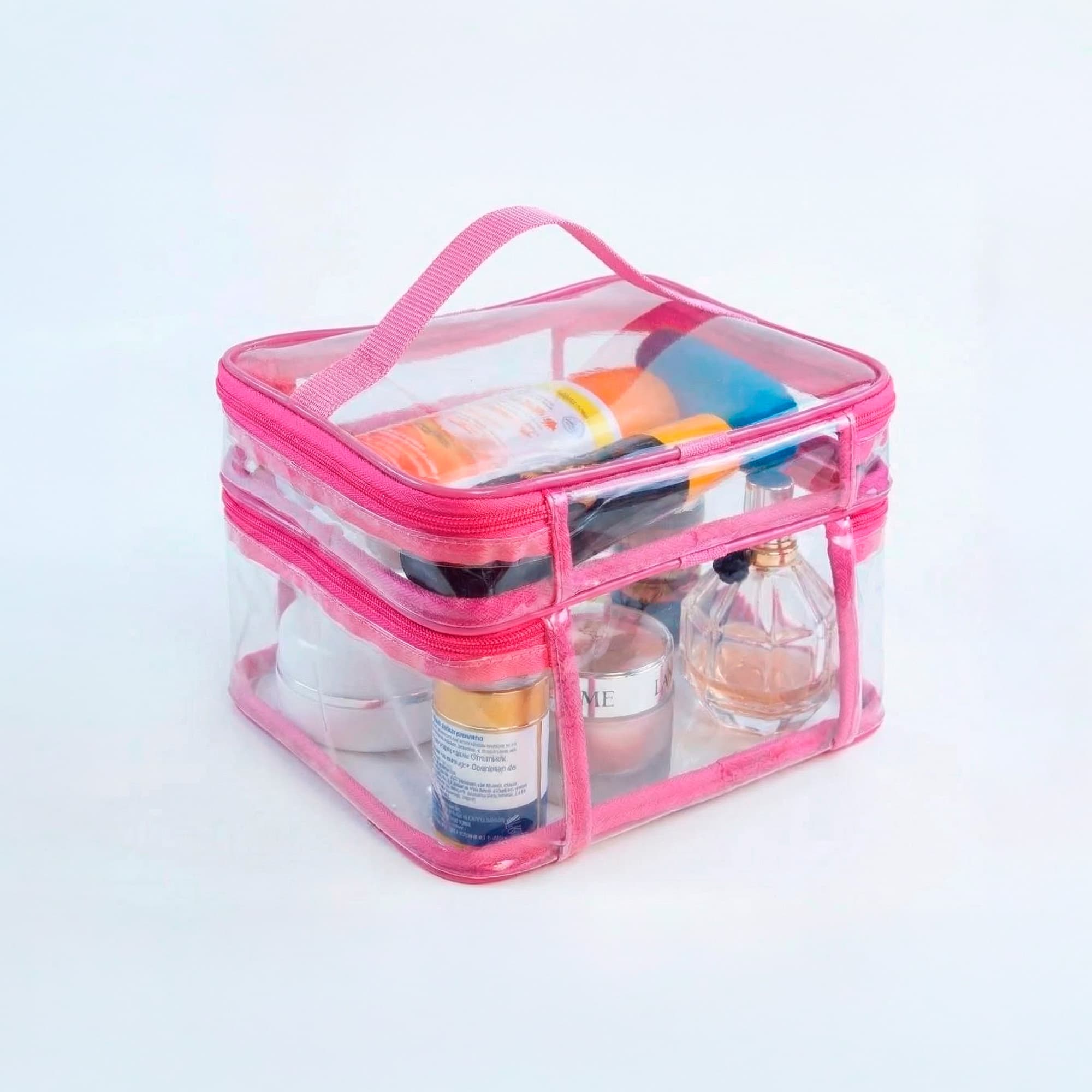 uma necessaire rosa com transparente vista de costas