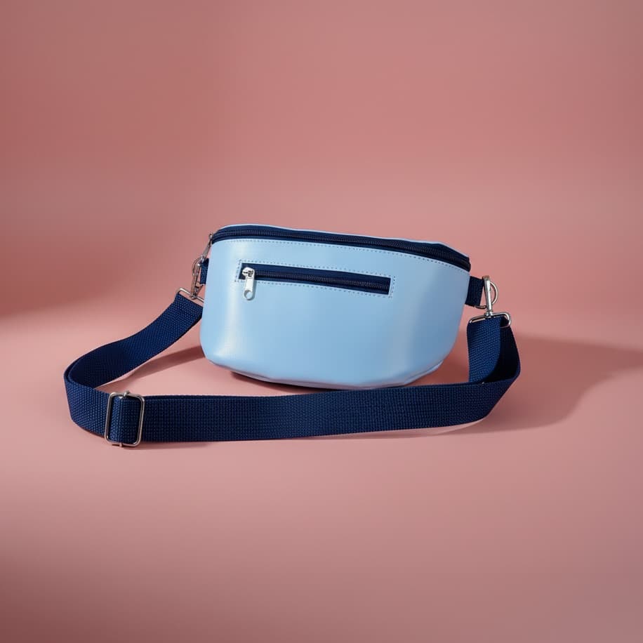 uma necessaire azul em um fundo rosê