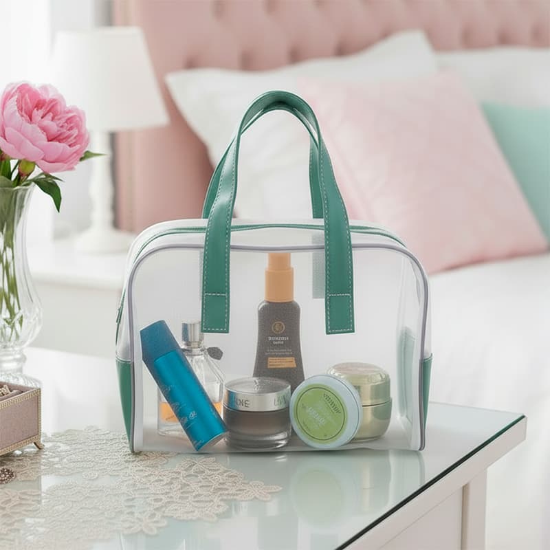 uma bolsa de tela com itens de beleza sobre uma mesa e ao fundo um quarto