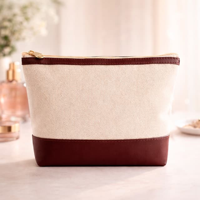 uma necessaire na cor bege e bordô sobre uma mesa em um ambienteiluminado com alguns itens ao fundo