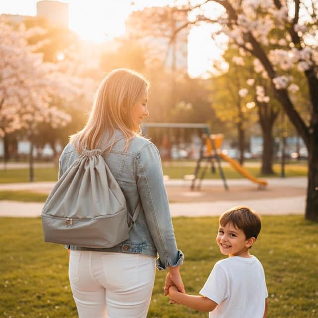 uma mulher usando uma mochila de brinde na cor cinza nas costas em um parque